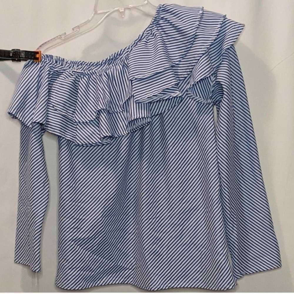 Railroad Stripe Ruffle Collar Top Blue and…